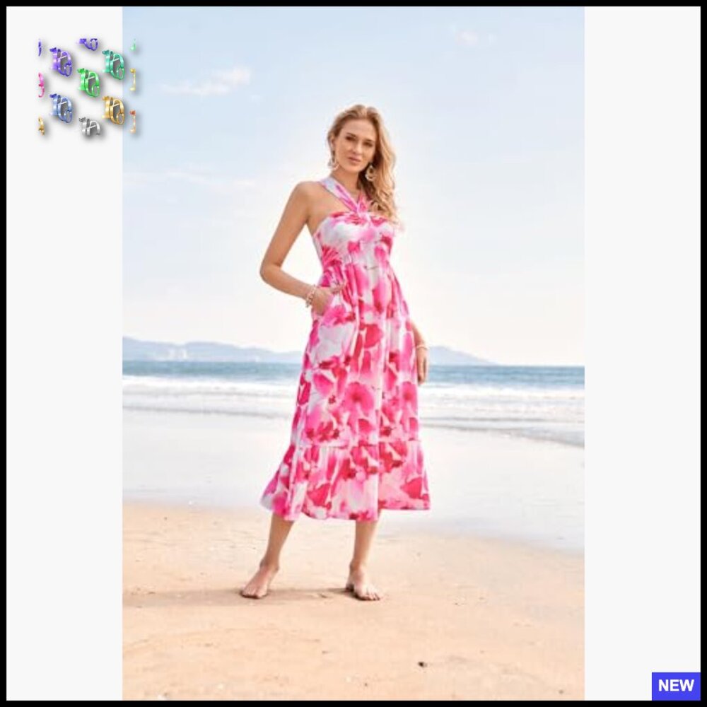 Floral Maxi Dress Boho Halter Sundress Flowy Ruffle Beach Vacation Wear - Picture 3 of 7